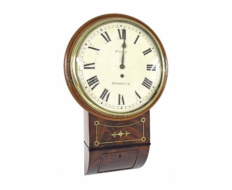 Mahogany single fusee 12" convex drop dial wall clock, within a turned surround over a flame mahogany trunk inlaid with geome