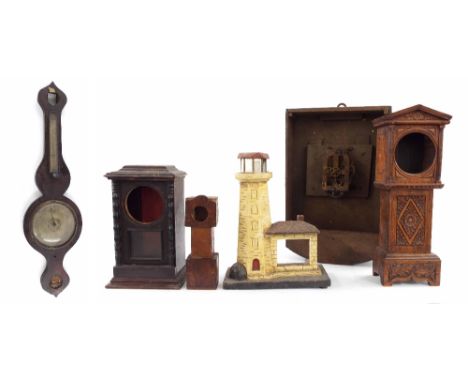 Four various novelty wooden clock cases; also a part wall clock and a banjo barometer case (6)