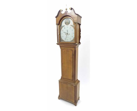 Oak and mahogany crossbanded eight day longcase clock, the 14" painted arched dial signed A. Godfrey, Kidderminster, the case