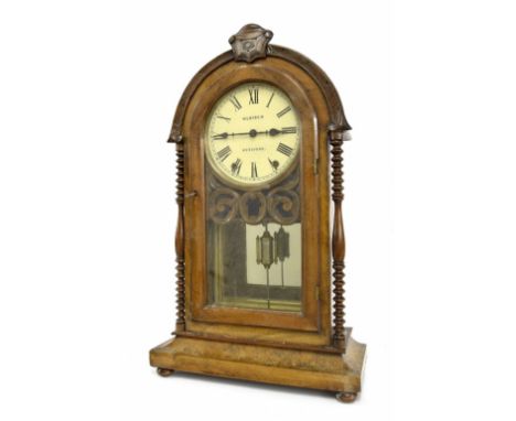 Large walnut two train shelf clock, the 7.5" cream dial signed Kleiser, Hereford, within a rounded arched pillared stepped ca