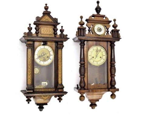Small walnut two train Vienna regulator wall clock, the 5" cream chapter ring enclosing a recessed gilded centre, surmounted 