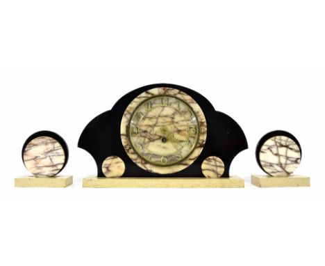 Art Deco black slate and coloured marble timepiece clock garniture, 9.25" high (key)