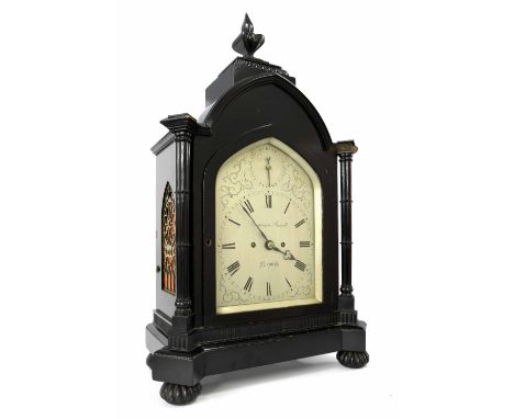 Large ebonised double fusee bracket clock, the 9" silvered arched dial signed Benjamin Russell, Norwich, the movement strikin