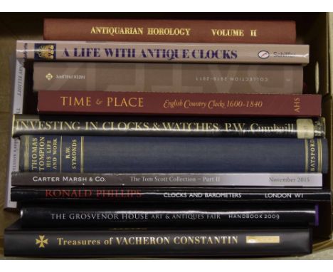 Good selection of horological related reference books including R.W. Symonds - Thomas Tompion His Life & Work, 1951 edition (