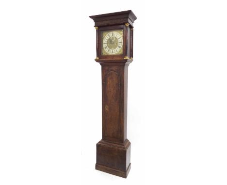 Oak eight day longcase clock with good six pillar movement, the 11" square brass dial signed William Grimes, London, the silv