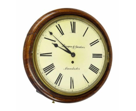 Mahogany single fusee 12" wall dial clock signed Bunyan & Gardner, Manchester, within a turned surround (pendulum)