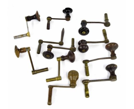Ten various clock crank winding keys with turned wooden handles (10)