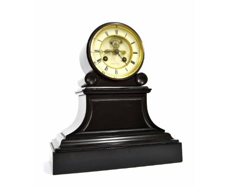 French black slate two train drumhead mantel clock, the 4" white chapter ring enclosing a recessed centre with visible escape