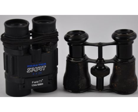 A pair of vintage leather-mounted brass opera glasses, together with a pair of modern field glasses (2)