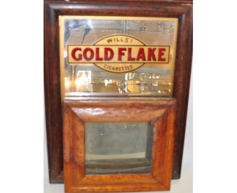 A Wills gold flake cigarette oak framed advertising mirror together with a Victorian tapestry panel and a maple framed photog