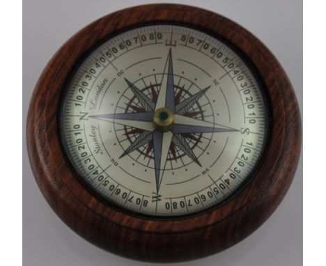 A wooden paperweight with "floating" compass
