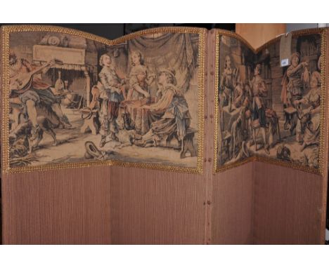 An early 20th century three-fold fabric covered screen with tapestry panel decoration