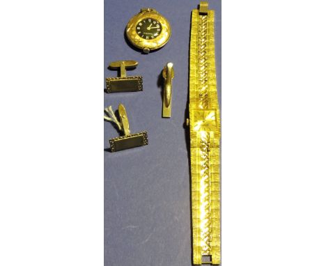 A Giralux gold plated ladies dress wristwatch, circa 1970, together with a gold plated fob watch, a pair of silver cufflinks 