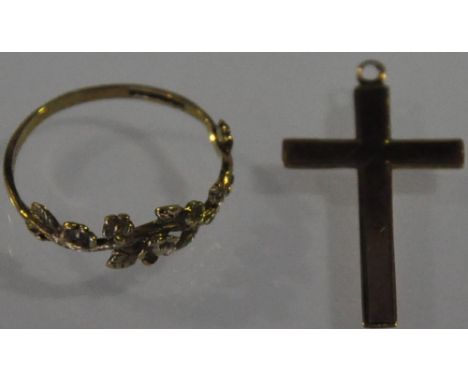 A 9ct gold floral band dress ring together with a vintage 9ct gold cross pendant 