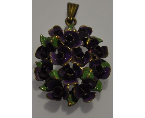 A vintage silver enamelled purple violets pendant