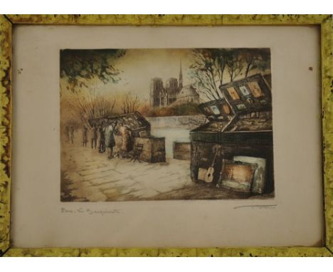 A lithograph, Paris, Les Bouquinistes, with the Seine and Notre Dame behind, indistinctly signed lower right, Dimensions: 15.