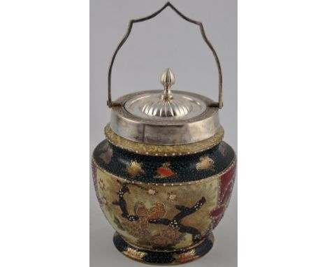 A silver plated and ceramic Japanese style biscuit barrel