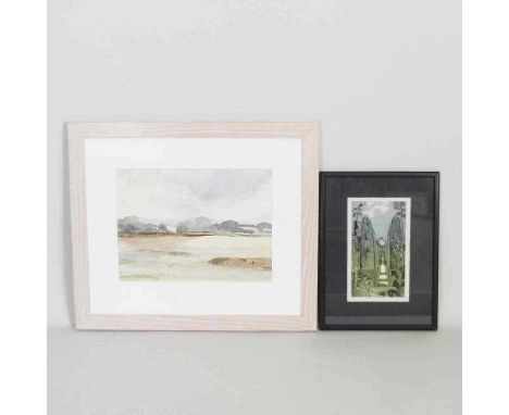 Ronald Ronaldson, 1919-2015, Suffolk landscape, signed watercolour, 25 x 33cm, exhibition label for Chappel Galleries to reve