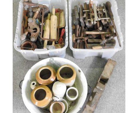 A collection of hand tools, to include planes and woodworking tools and stoneware jars