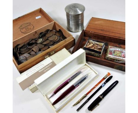 A collection of Victorian and later pennies, together with two Waterman's pens, a Swan pen, various nibs, a case of tins and 