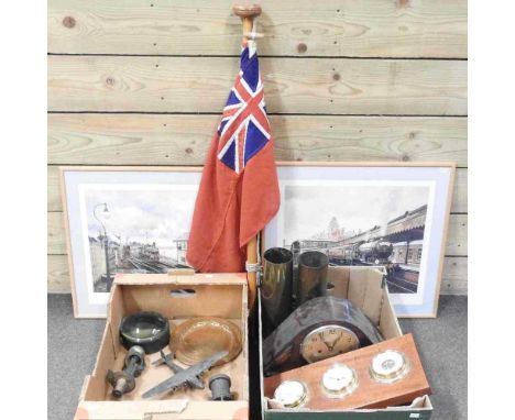 A 1930's mantel clock, together with a flag, a ships clock and metalwares