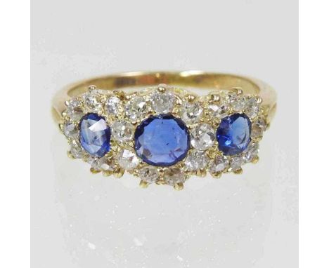 A sapphire and diamond triple cluster ring, 3.4g, unmarked, size MOverall condition is complete and wearable. The sapphires a