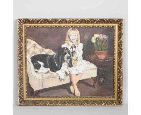 English School, portrait of a girl with a Basset, signed with initials A.M.T., oil on board, 39 x 49cm