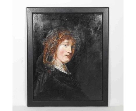 After Rembrandt, 20th century, head and shoulders portrait of the artist's wife Saskia, oil on panel, 62 x 48cm