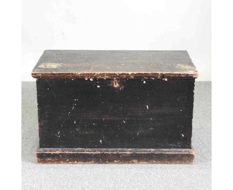 An early 20th century stained pine trunk, with a hinged lid80w x 45d x 48h cm