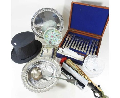 A silver plated canteen of cutlery, together with various metalwares, crystal, fans and a collapsible top hat