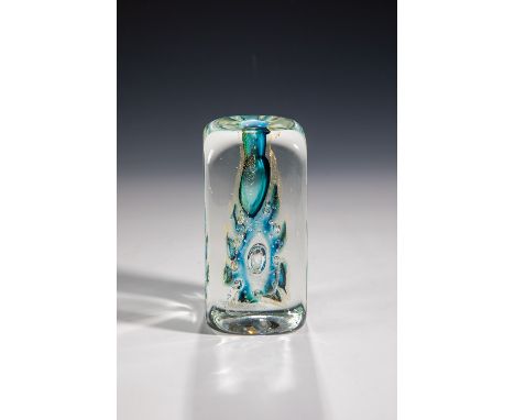 Vierkantvase Robert Pierini, 1994 Farbloses Glas mit eingestochenen Blasen, Goldfolien- und Farbeinschmelzung. In Gravur sign