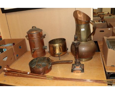 Copper pan, lamp, two hunting horns, jug etc 