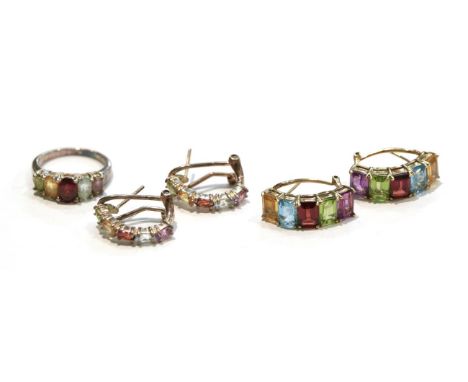 A pair of multi step-cut gem set earrings, stamped '375'; together with a multi-gem set ring and earring suite, stamped '925'