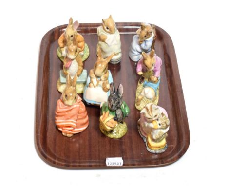 Beswick Beatrix Potter Figures Comprising: 'Benjamin Bunny Sat on a Bank', first version, 'Chippy Hackee', 'Cottontail', 'Fie