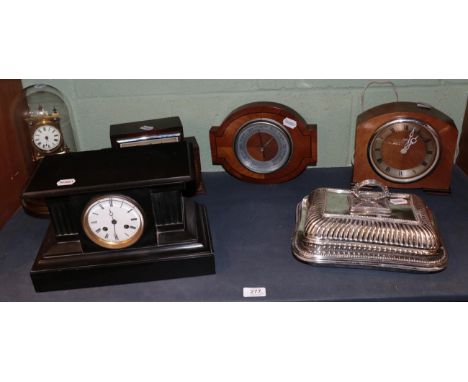 Wall clock, four assorted mantel clocks, barometer, pair silver plated entree dishes