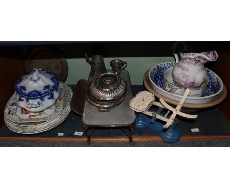 Quantity of Victorian china, meat plates, kitchen scales and weights; together with assorted items of silver plate