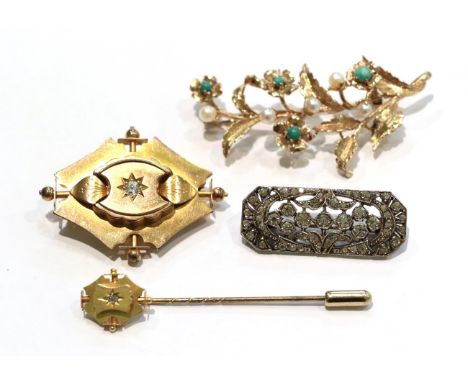 A old cut diamond set brooch and pin to match, unmarked; a paste set panel brooch, unmarked; and a 9 carat gold turquoise and