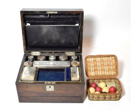 Nine ivory bagatelle balls and vanity case and contents 