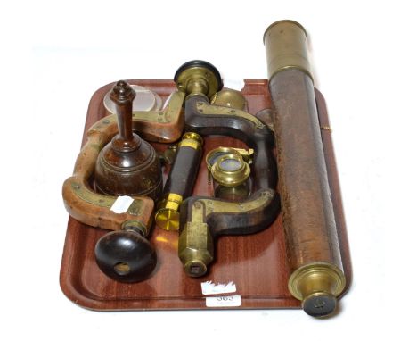 Two 19th century braces; two folding rules; a mallet; two balance scales; a brass single drawer telescope by Melling &amp; Co