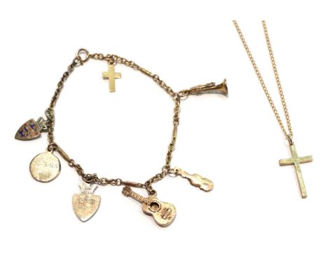 A figaro link charm bracelet, length 18.5cm; and a 9 carat gold cross pendant on chain, pendant length 2.7cm, chain length 41