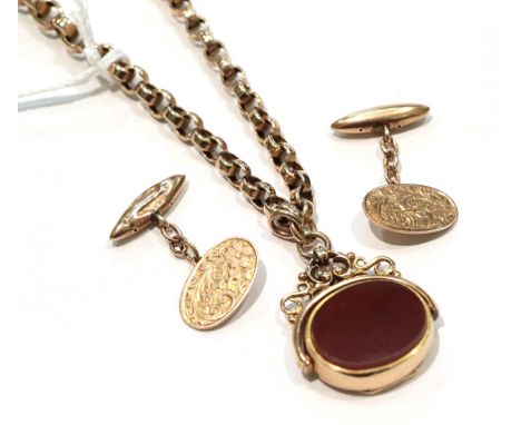 A 9 carat gold watch fob and yellow metal chain together with a pair of 9 carat gold cufflinks
