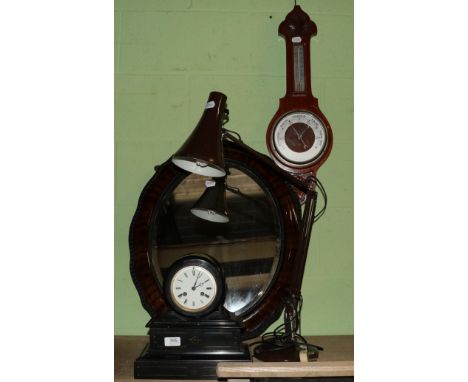 A 19th century black slate striking mantel clock together with an angle poise lamp, a a mahogany wheel barometer and a 20th c