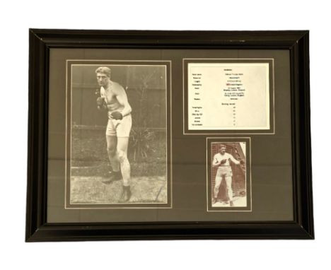 Bombardier Billy Wells signed black and white photo. Mounted and framed with smaller black and white photo and boxing statist