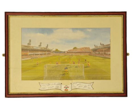 Southampton FC colour print. Framed and mounted with 2 signature pieces containing 14 signatures including Matt le Tissier. A