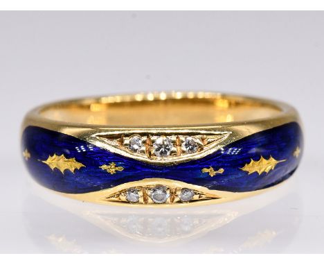 Ring mit Emaille und 6 kleinen Diamanten, zus. ca. 0,07 ct, Fabergé/ Victor Meyer, No. 259/ 300, 20. Jh. 750/- Gelbgold. Gesa