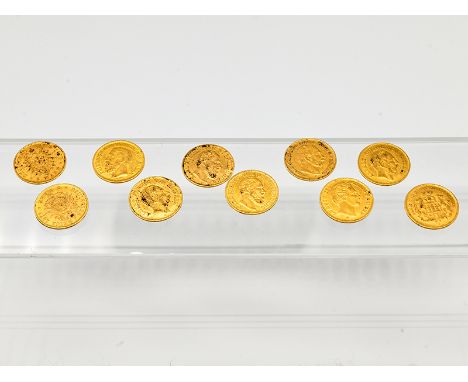 10 Goldmünzen "5 Mark", Deutsches Kaiserreich/Preußen, Sachsen, Bayern, Württemberg, Baden, Hamburg, "1877". 900/-Feingold, G