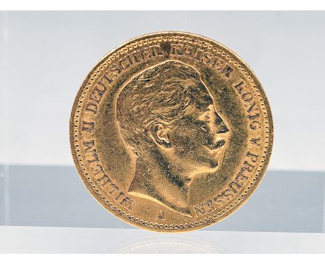 Goldmünze "20 Mark", Deutsches Kaiserreich/Preußen "Wilhelm II.", 1894. 900/Feingold, ca. 7,9 g; vorderseitig Portrait Kaiser