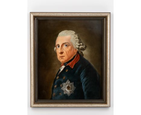 Bildplatte "Friedrich der Große" (nach Anton Graff), wohl Rosenthal, 1930er Jahre. Rechteckige Porzellanplatte mit farbiger B