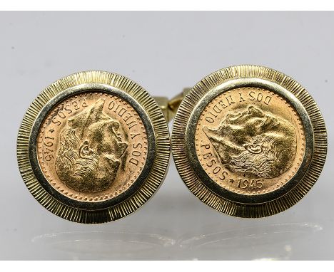 Paar Manschettenknöpfe mit mexikanischer 2 1/2 Pesos Münze, 20. Jh. Gesamtgewicht ca. 13,8 g. 585/- Gelbgold Fassung, Bügel u