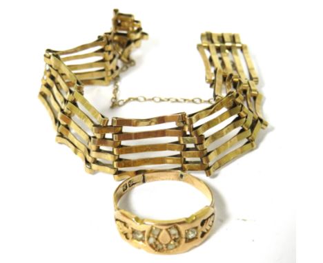 9ct Five Bar Gate Bracelet with Broken Clasp plus a 9ct Yellow Gold Diamond set Ring which has a split to rear.  Total weight